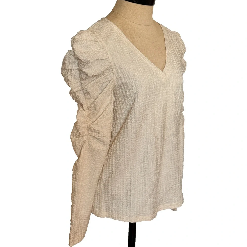 NWT LOFT Womens‎ S Top Long Sleeve Puff Shoulders Ivory Cream Ruched Stretch